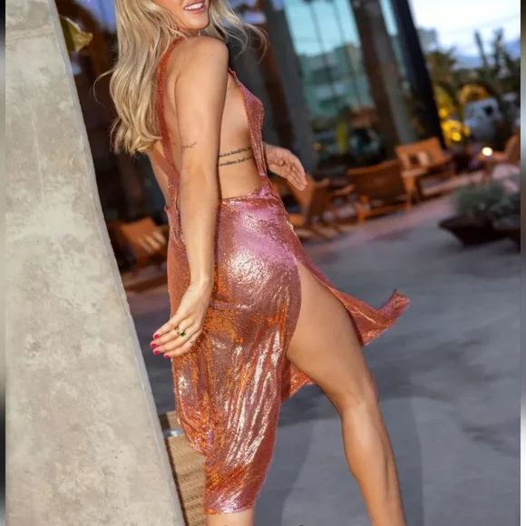 Chainmail Cowl Neck Split Side Midi Dress - Picture 3 of 13